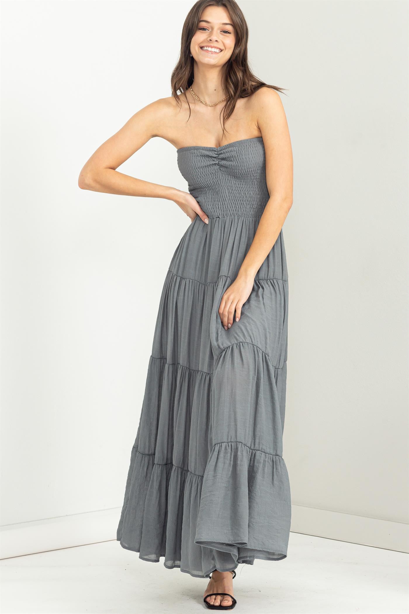 PRETTY PLEASE STRAPLESS MIDI DRESS - GREY-hotRAGS.com