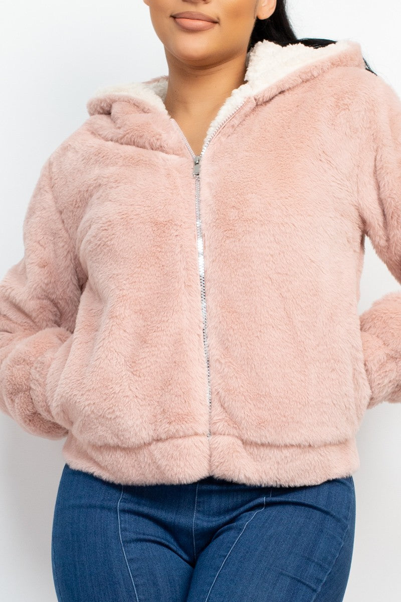 Hooded Jacket -Woven Faux Fur - Pink-hotRAGS.com