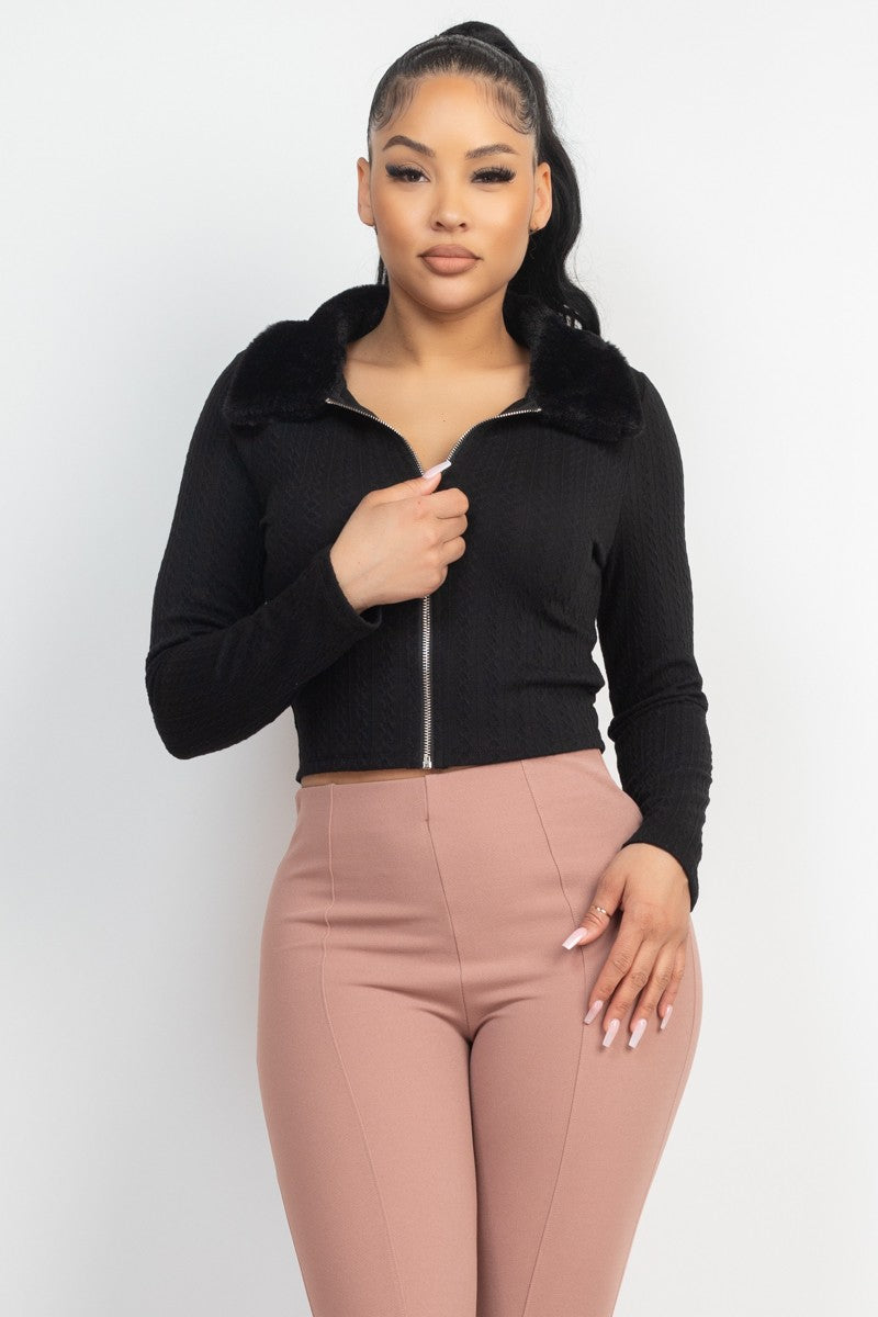 Jr Fur Collar Knit Top - Black-hotRAGS.com