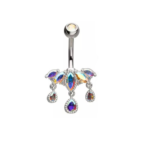 Belly Ring - 5-Cluster Pronged Marquise Aurora Borealis CZ with 3 Dangle Teardrop Pear Shape Gems-hotRAGS.com