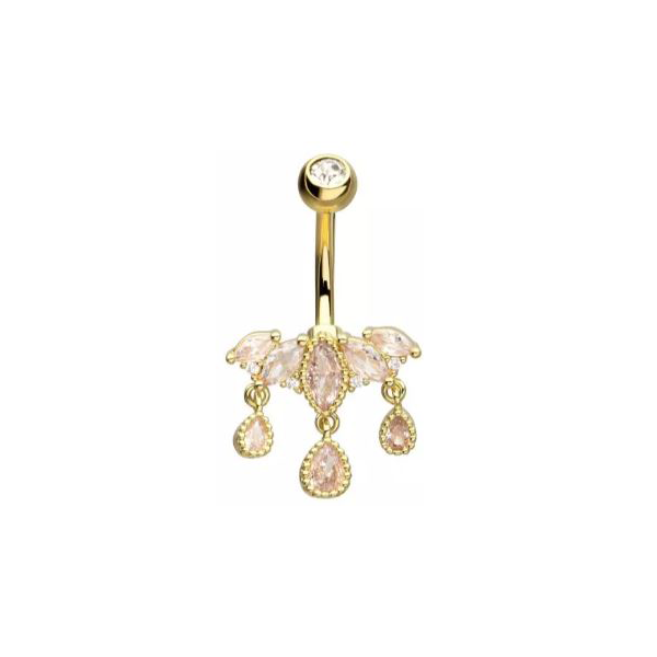Belly Ring -5-Cluster Pronged Marquise Clear CZ with 3 Dangle Teardrop Pear Shape Gems - Gold-hotRAGS.com
