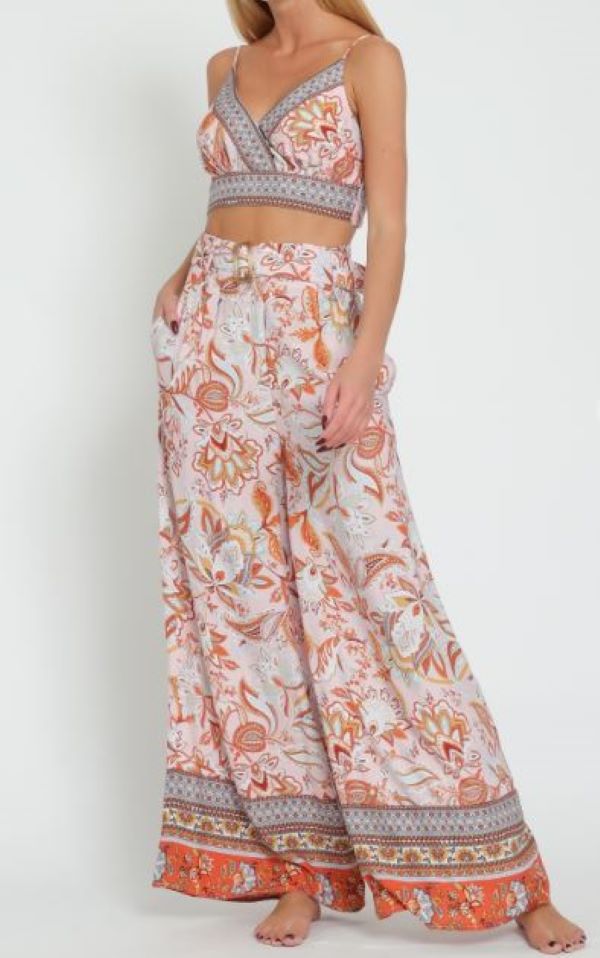 Pants - Boho High Waisted Belted Long Pants - Lt. Pink/Multi-hotRAGS.com