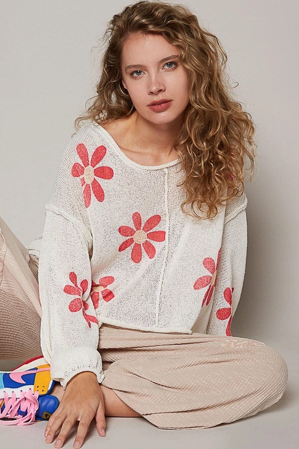 Jr Top - Long Sleeve Daisy - Ivory/Red-hotRAGS.com