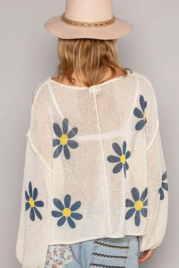 Jr Top - Long Sleeve Daisy - Cream/Blue-hotRAGS.com