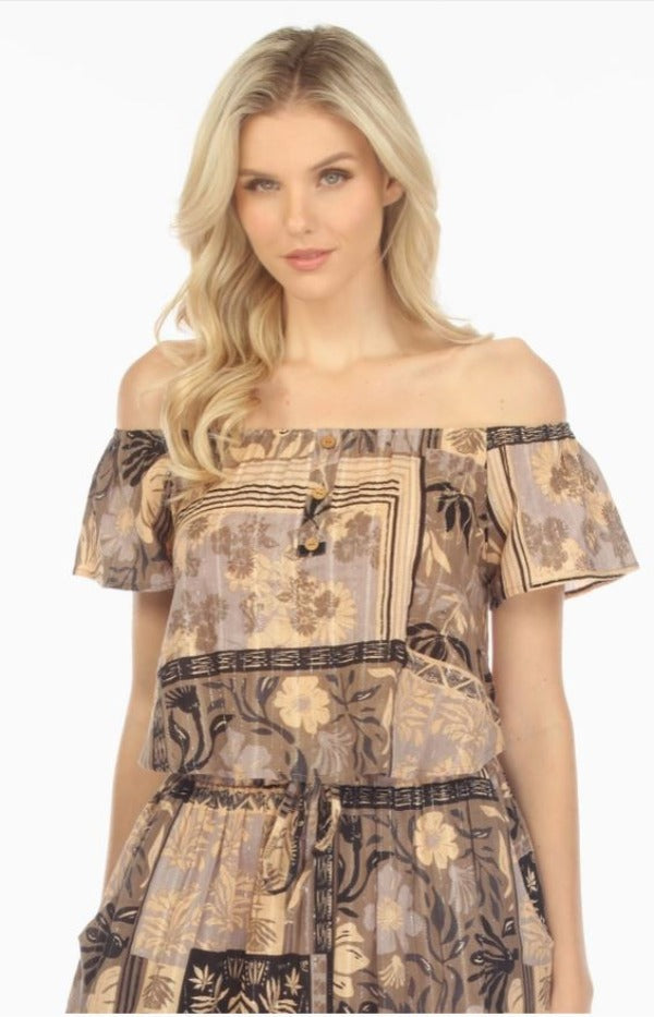 Jr Top - Off Shoulder Patchwork - Charcoal-hotRAGS.com