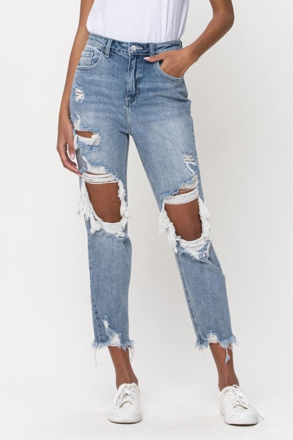 Pants - Denim Crop Distress High Rise-hotRAGS.com