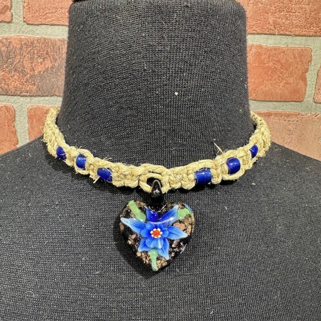Necklace - Hemp Heart Flower - Blue-hotRAGS.com