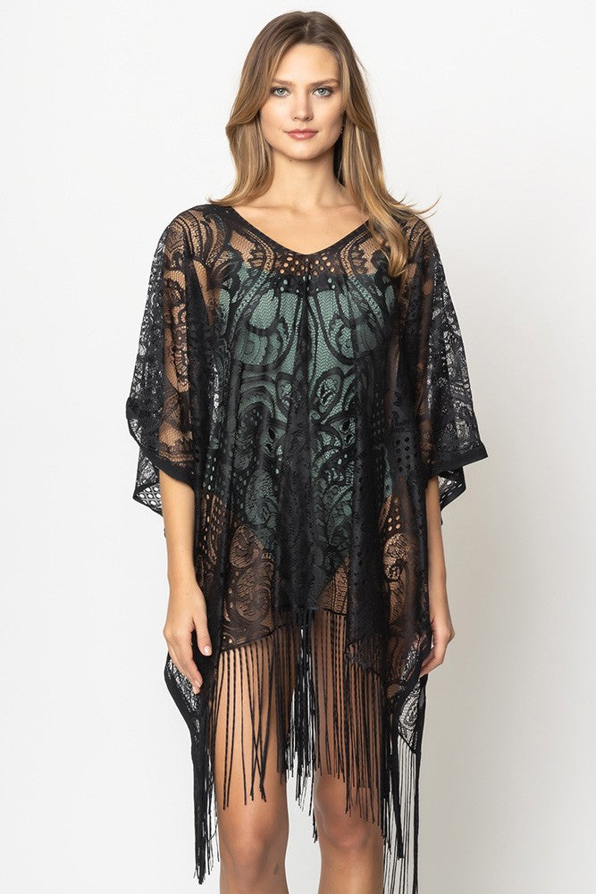 Poncho - Lace With Fringe - Black-hotRAGS.com