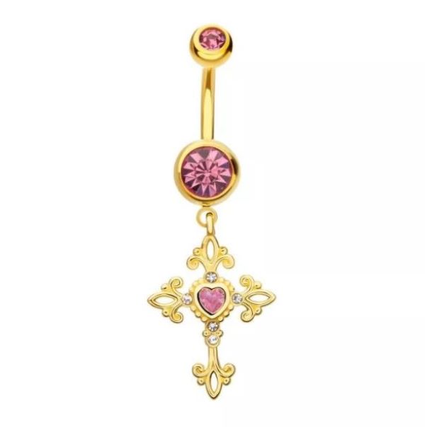 Belly Ring - Gold Cross Heart-hotRAGS.com