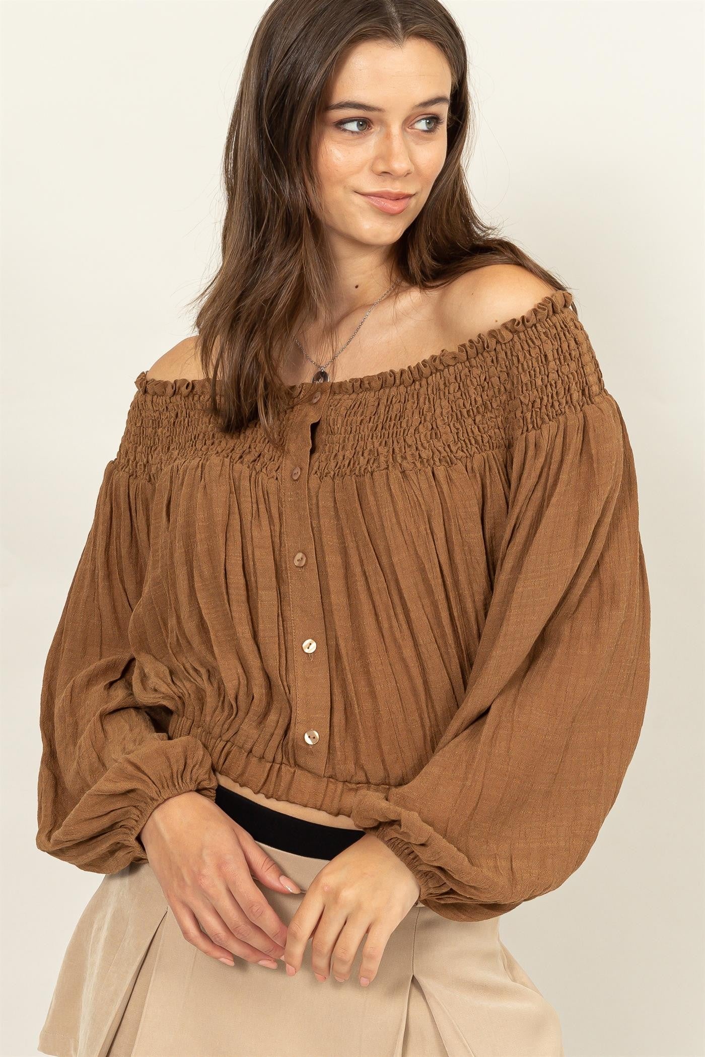 Jr Long Sleeve Elastic Top - Camel-hotRAGS.com