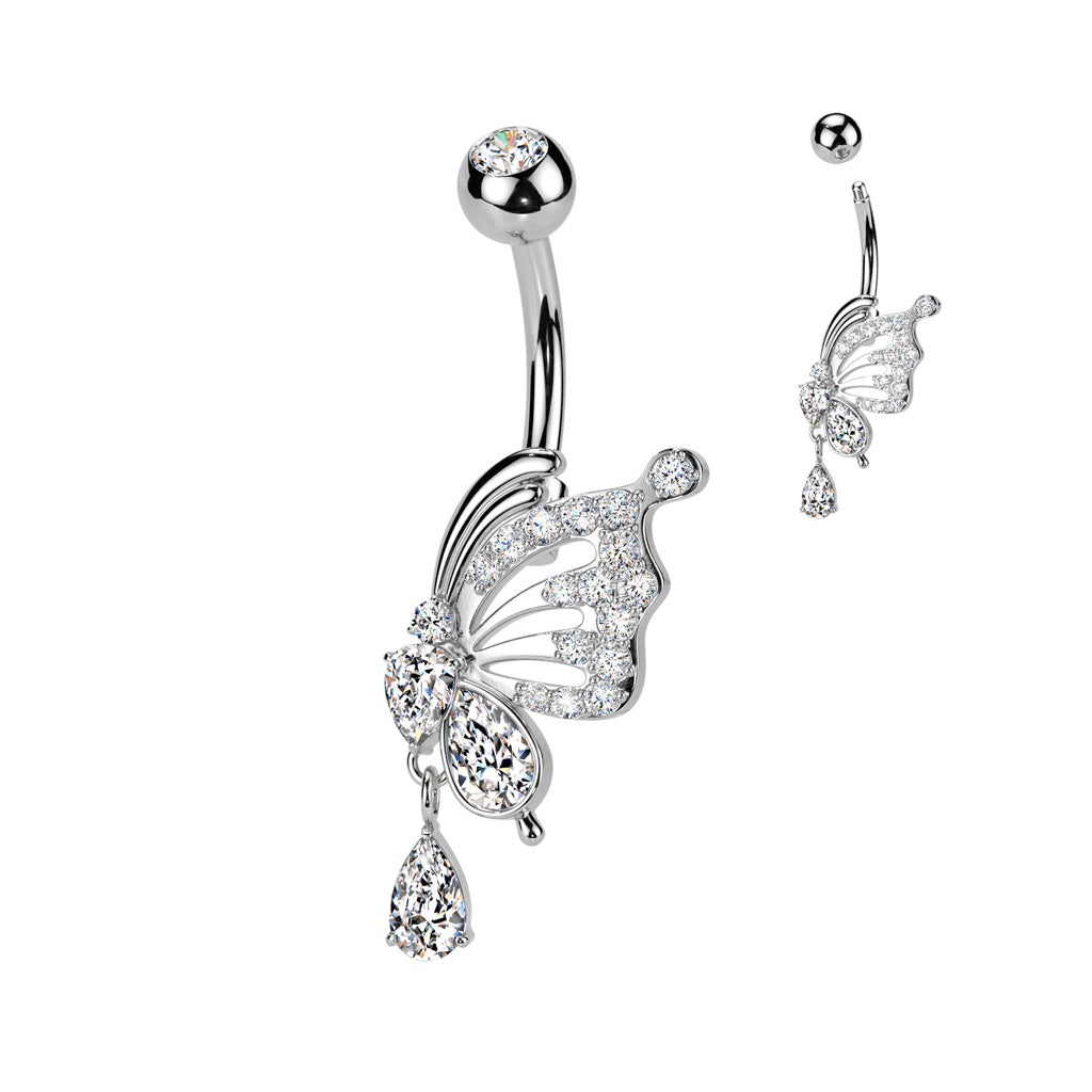 BELLY RING - BUTTERFLY Cubic Zirconia DANGLE - Silver-hotRAGS.com