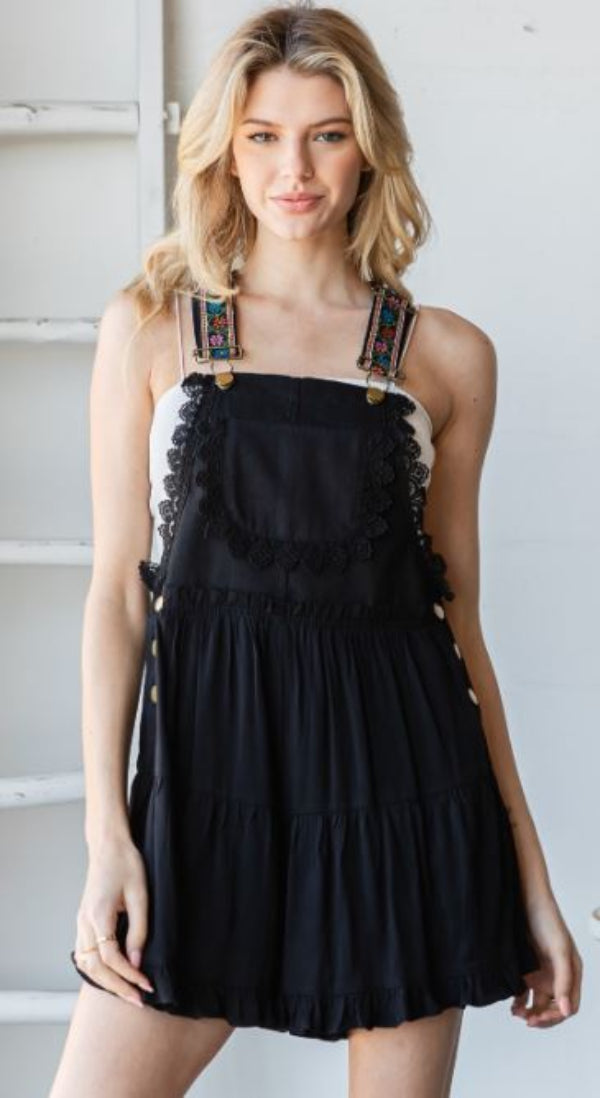 Overalls Shorts - Embroidered - Black - hotRAGS.com