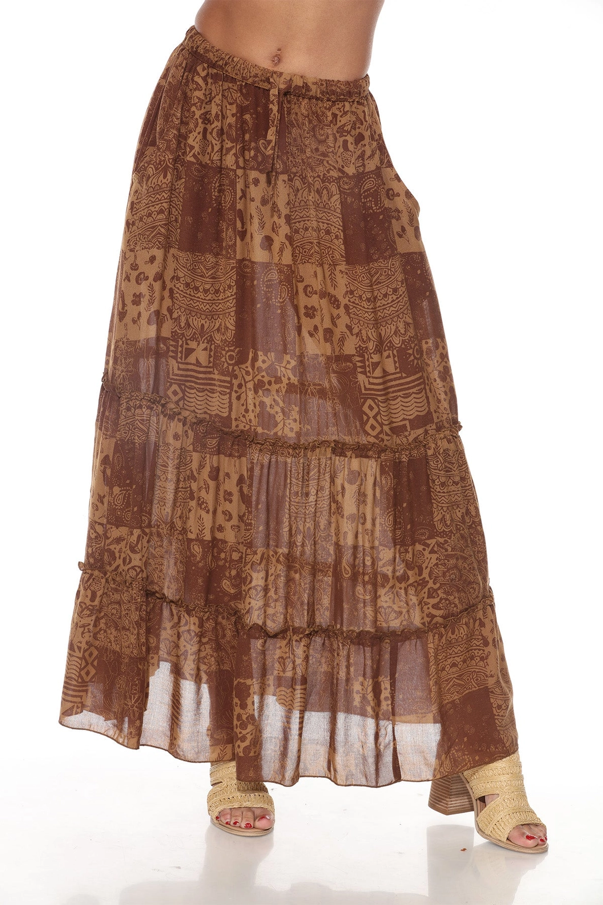 Maxi Skirt - Boho Patchwork - Brown-hotRAGS.com
