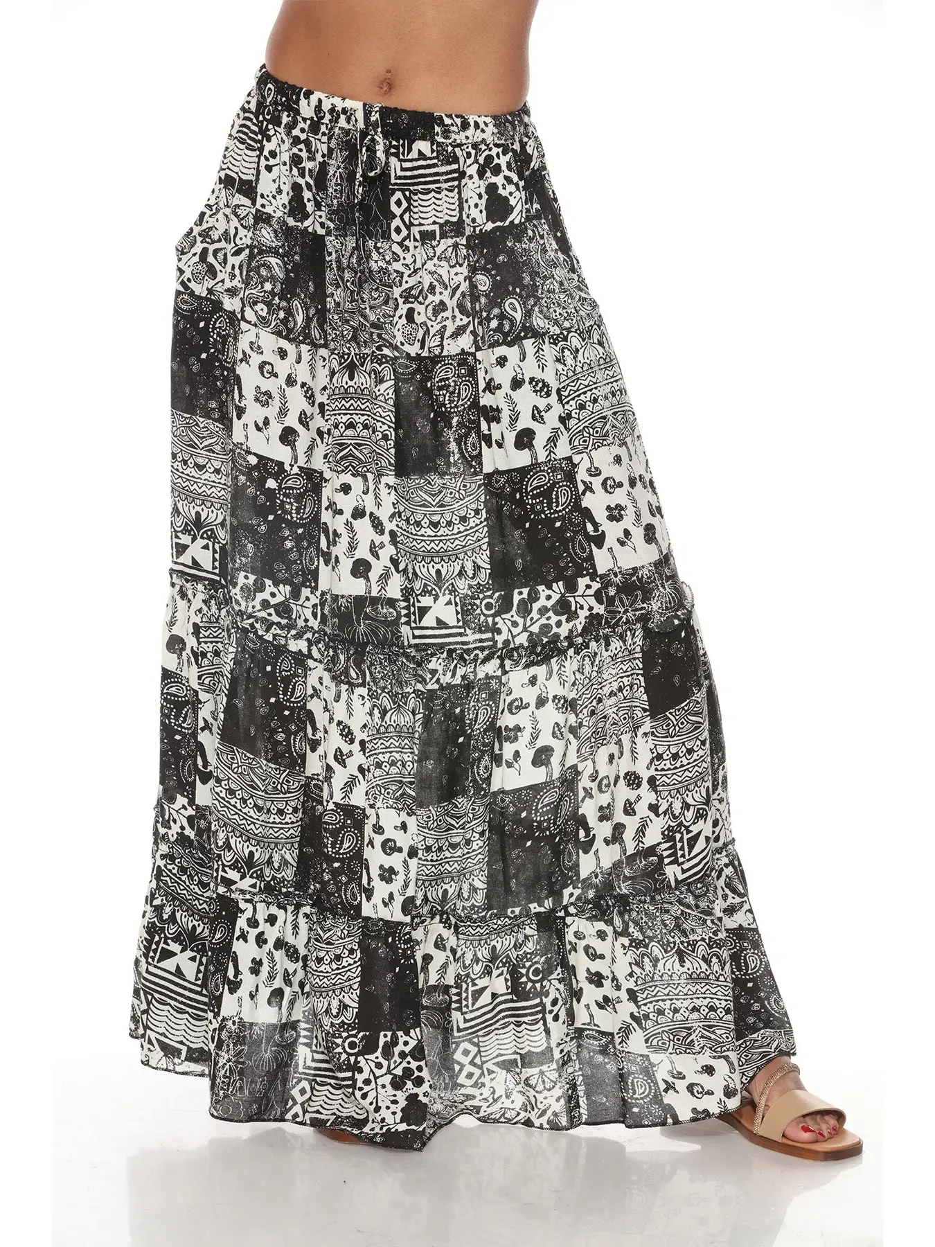 Maxi Skirt - Boho Patchwork - Black And White-hotRAGS.com