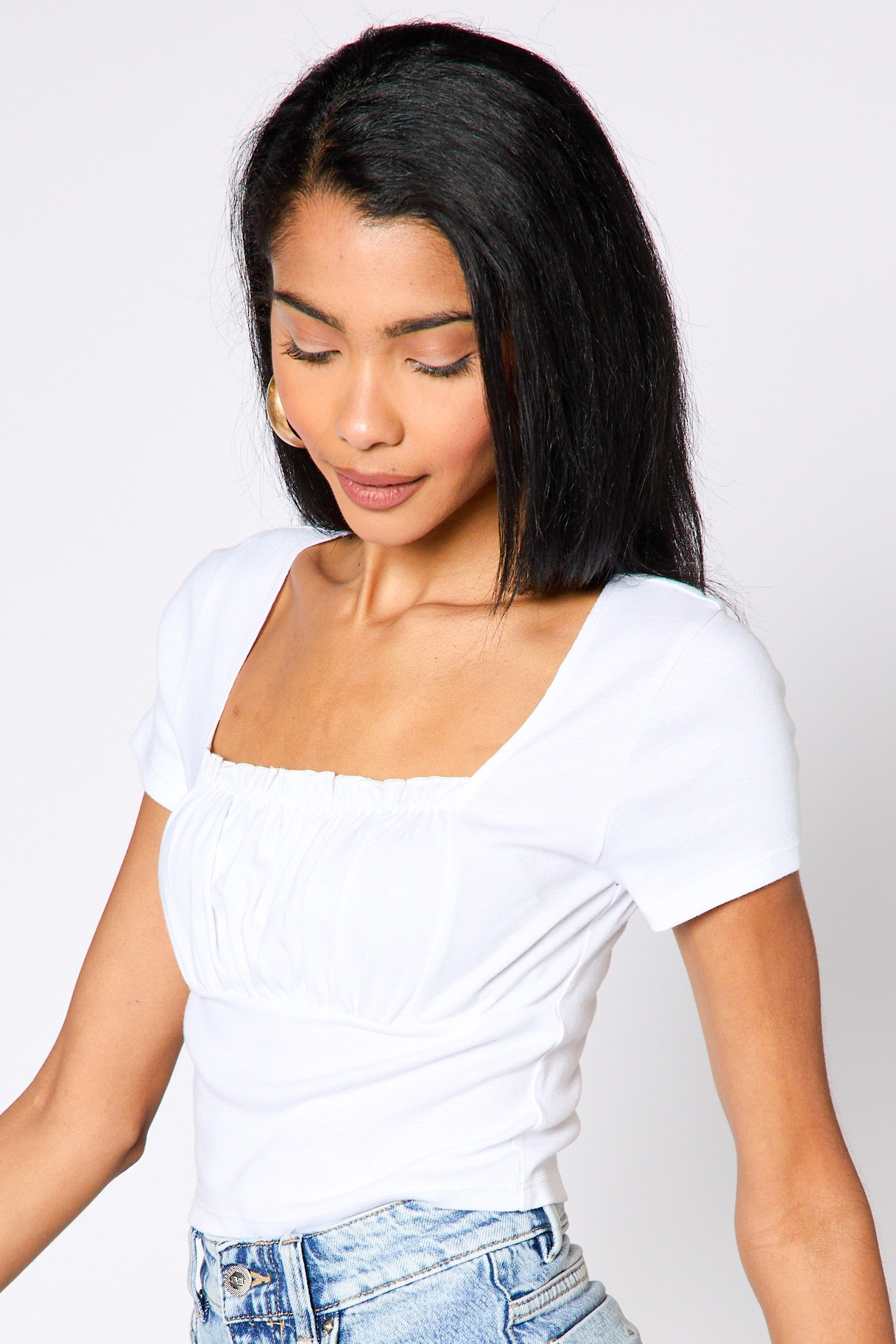 Top - Short Sleeve Square Ruched - White-hotRAGS.com