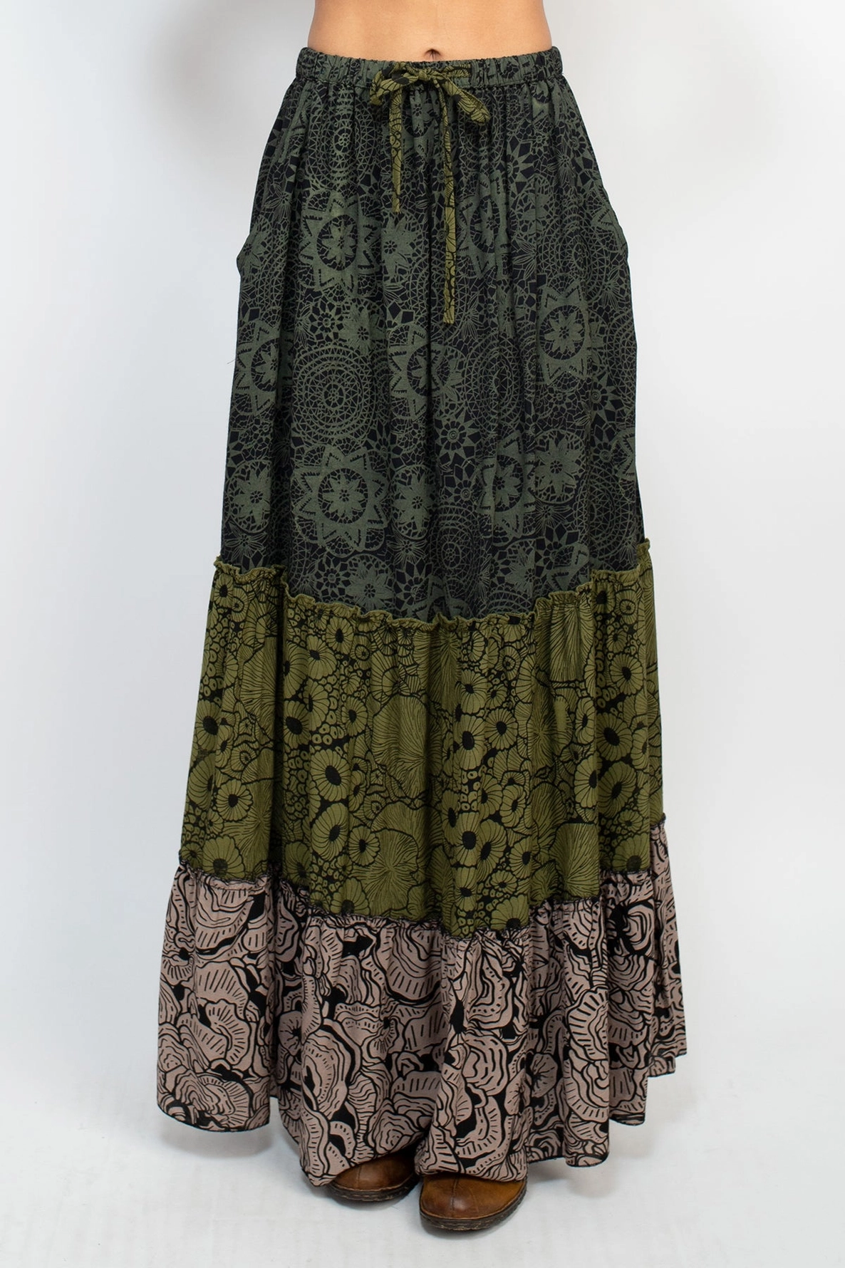Skirt - Maxi Tiered Lace Print - Sage - hotRAGS.com