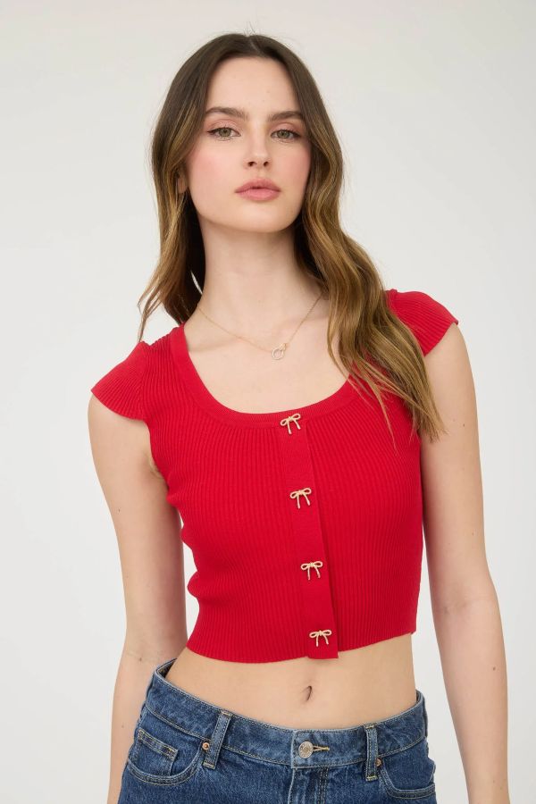 Jr Crop Top - Knit Button Down Bow - Red - hotRAGS.com