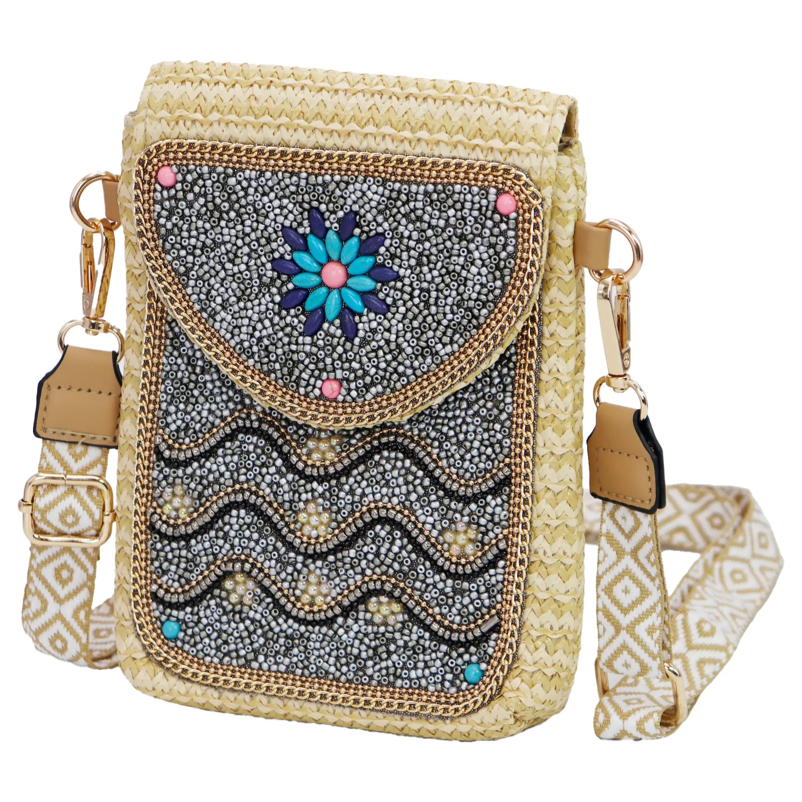 Bag - Wavy Daisy Flower Artisan Beaded Crossbody Bag - hotRAGS.com