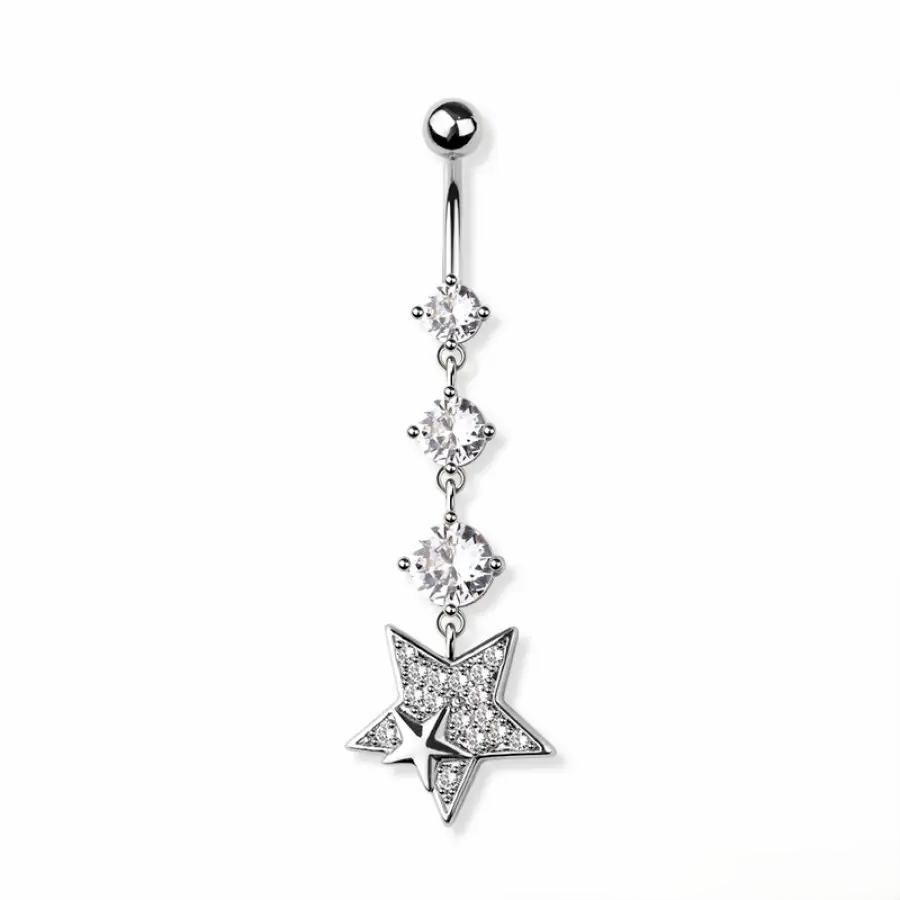 Belly Ring - Star Triple Cubic Zirconia- Silver - hotRAGS.com