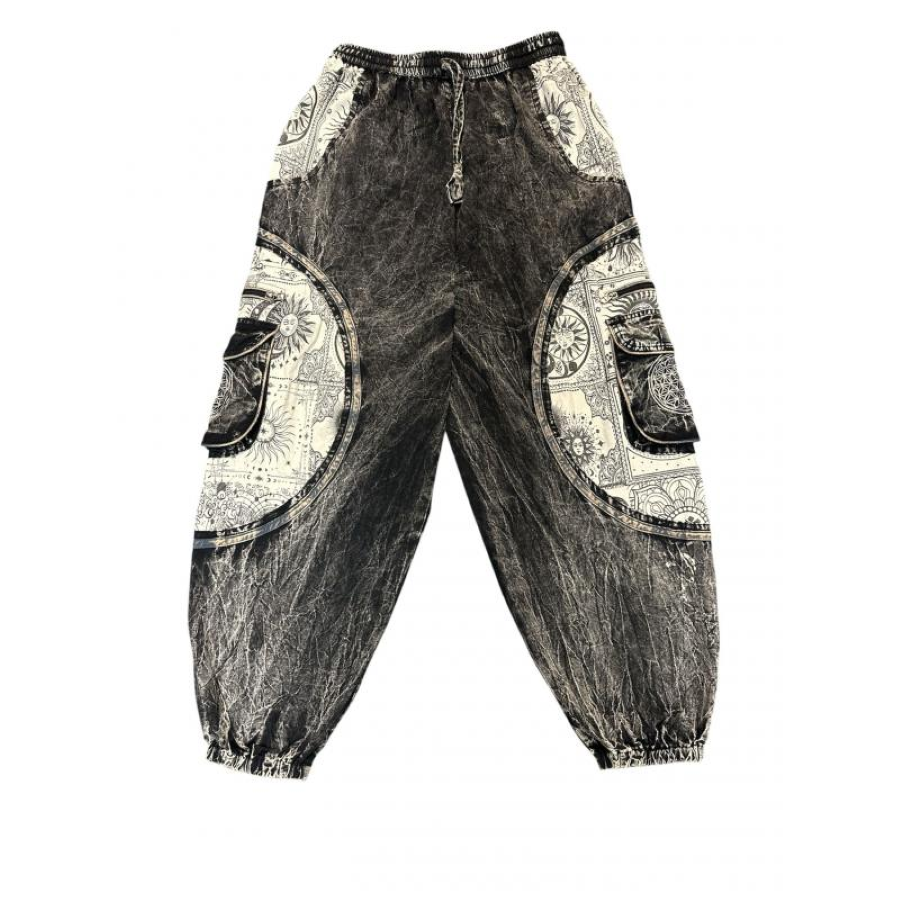 Pant - Patchwork - Cotton Black and White Round Sun Moon Celtic Box Pocket Himalaya Pant - hotRAGS.com