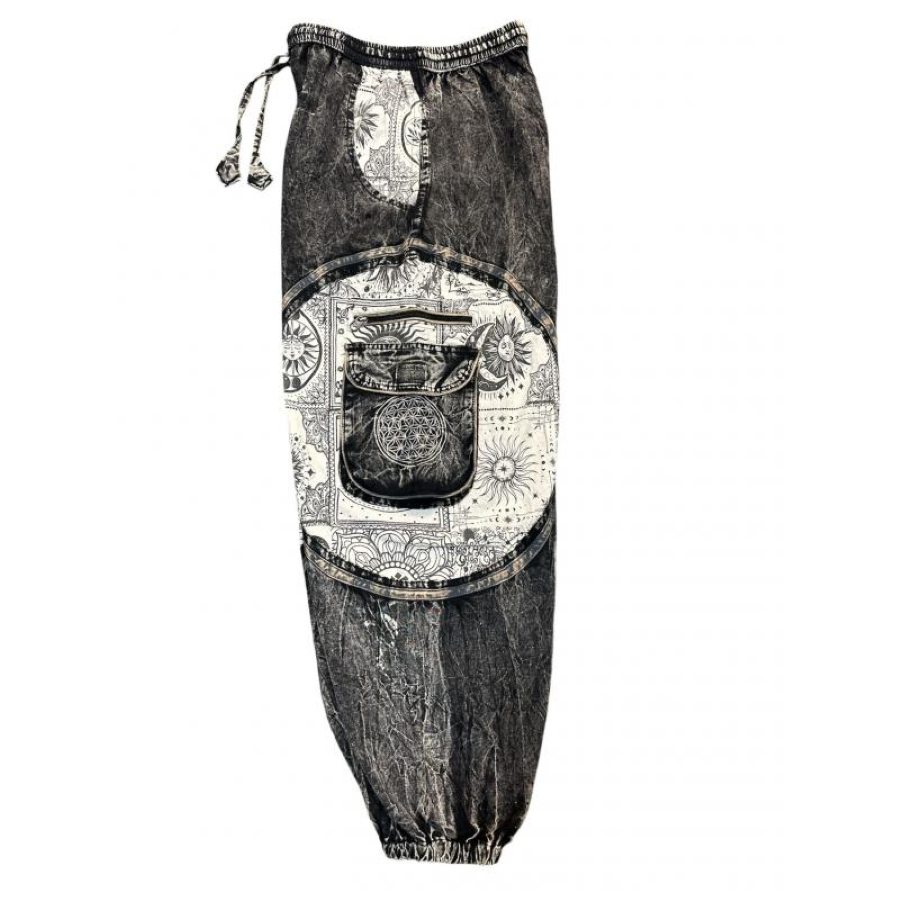 Pant - Patchwork - Cotton Black and White Round Sun Moon Celtic Box Pocket Himalaya Pant - hotRAGS.com