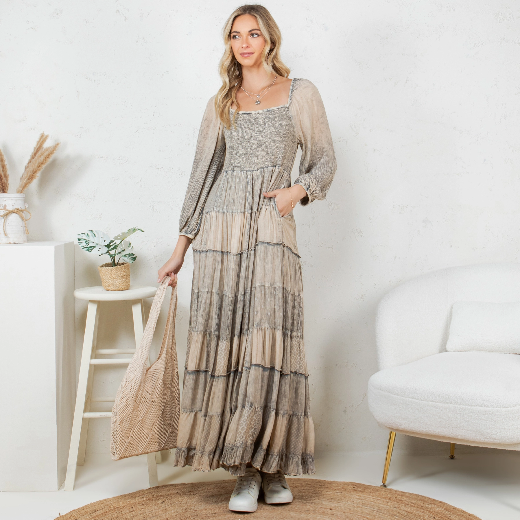 Dress - Rustic Bohemian Smocked - Olive - L Dress - Rustic Bohemian Smocked - Olive - L
