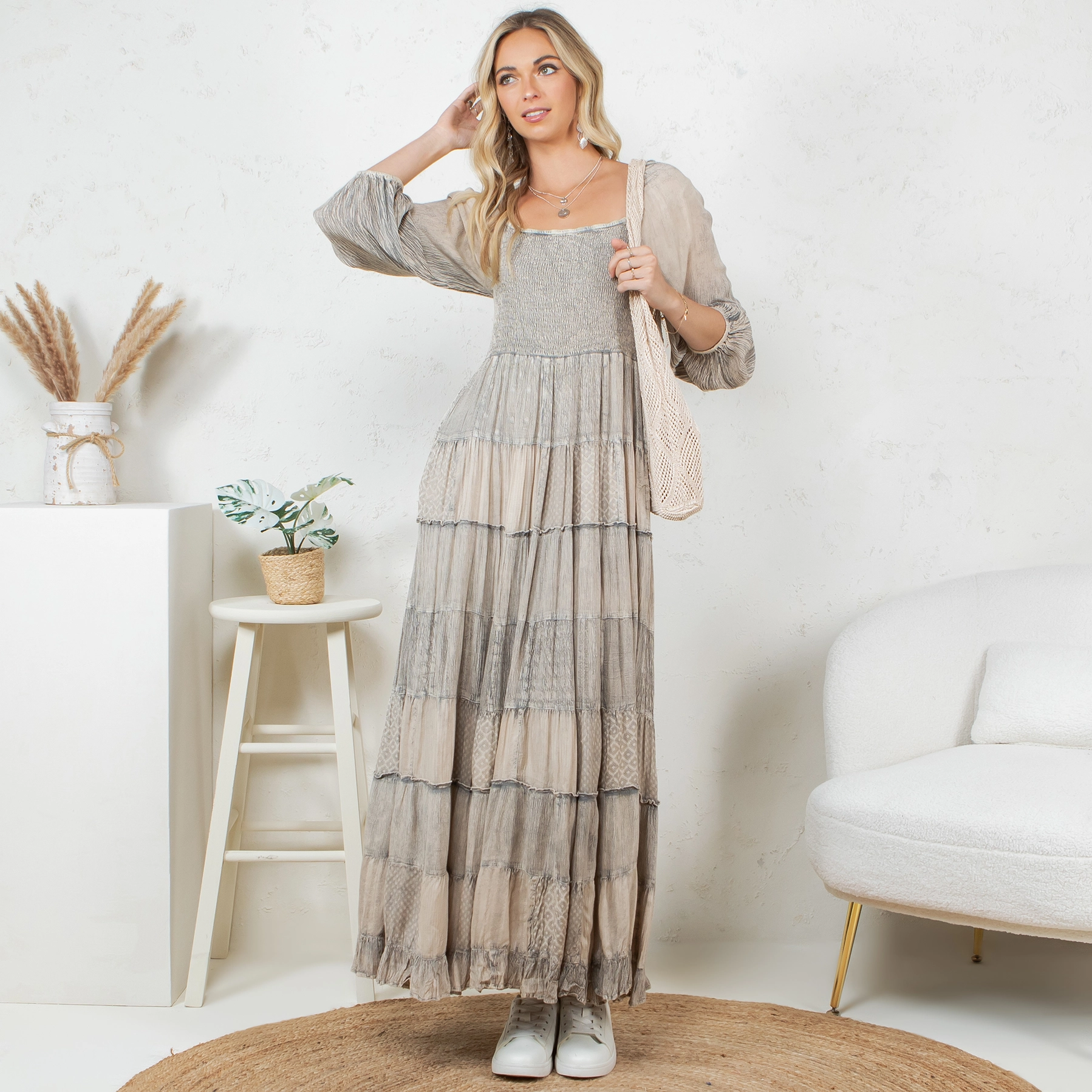 Dress - Rustic Bohemian Smocked - Olive - hotRAGS.com