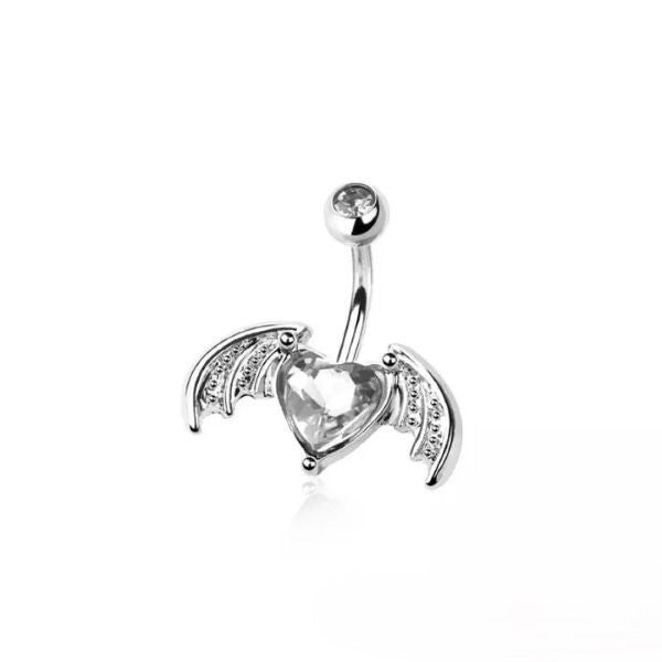 Belly Ring - Bat Wings Heart - Silver