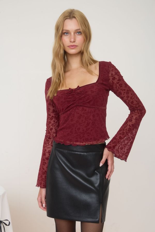 Jr Long Sleeve - Velvet Sheer - Burgundy
