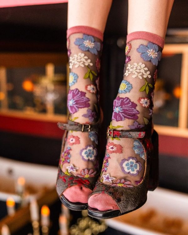 Socks - Sheer Crew Florals Black - hotRAGS.com