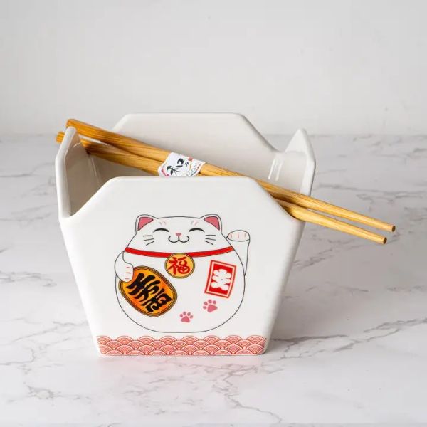 Ramen Bowl - Lucky Cat With Chopsticks - hotRAGS.com