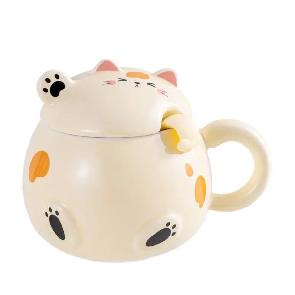 Mug - Whimsey Cat Lid Spoon Cream - 15oz - hotRAGS.com