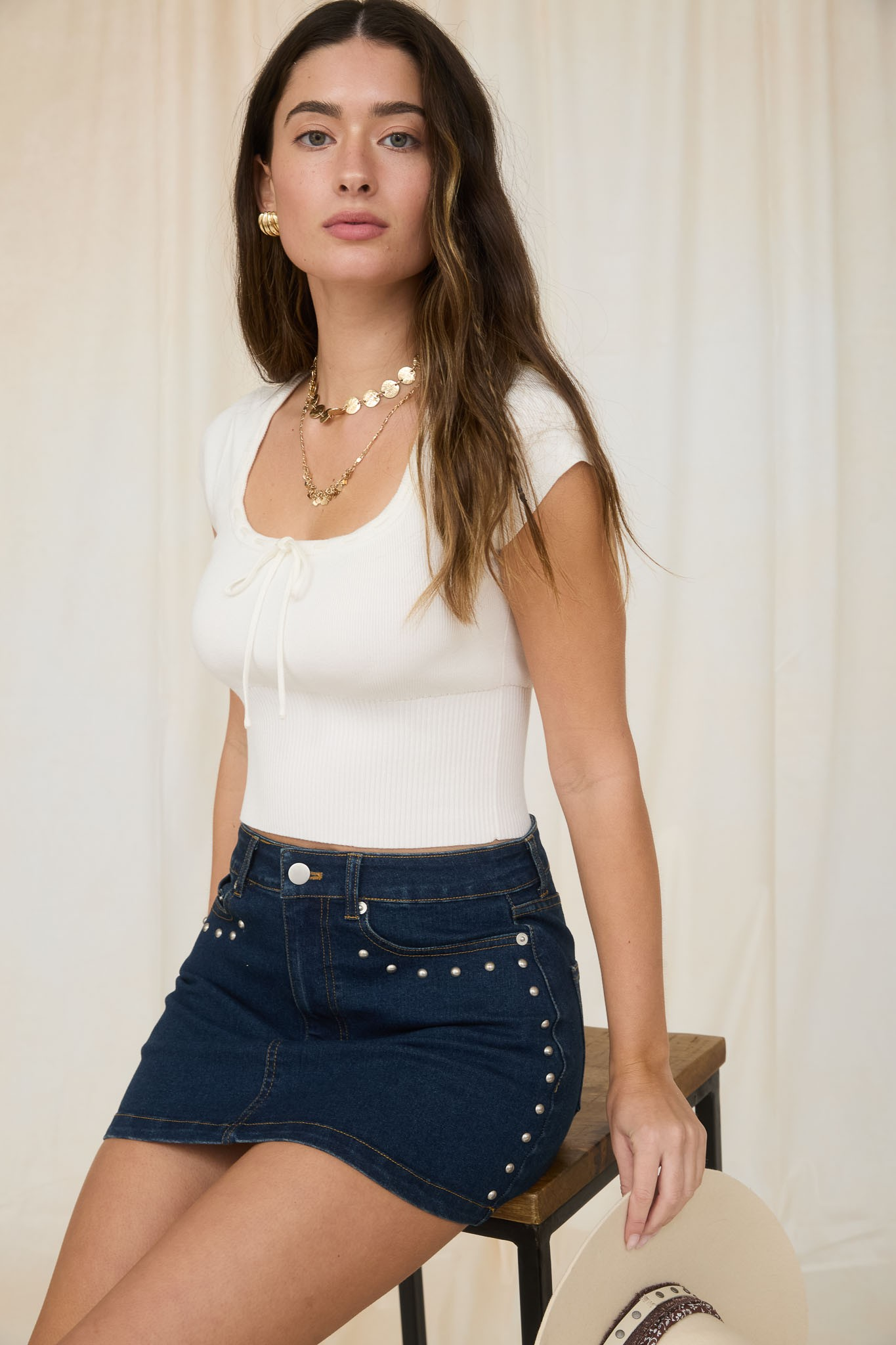 Jr Crop Top -Front Tie Ribbed Waist - White - hotRAGS.com