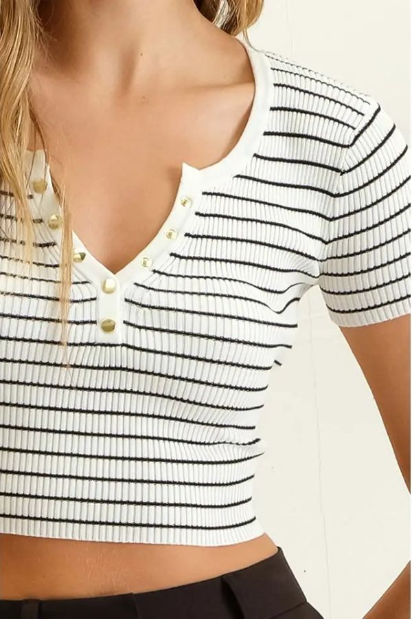 Jr Crop Top - Stripe Henley - Ivory - hotRAGS.com
