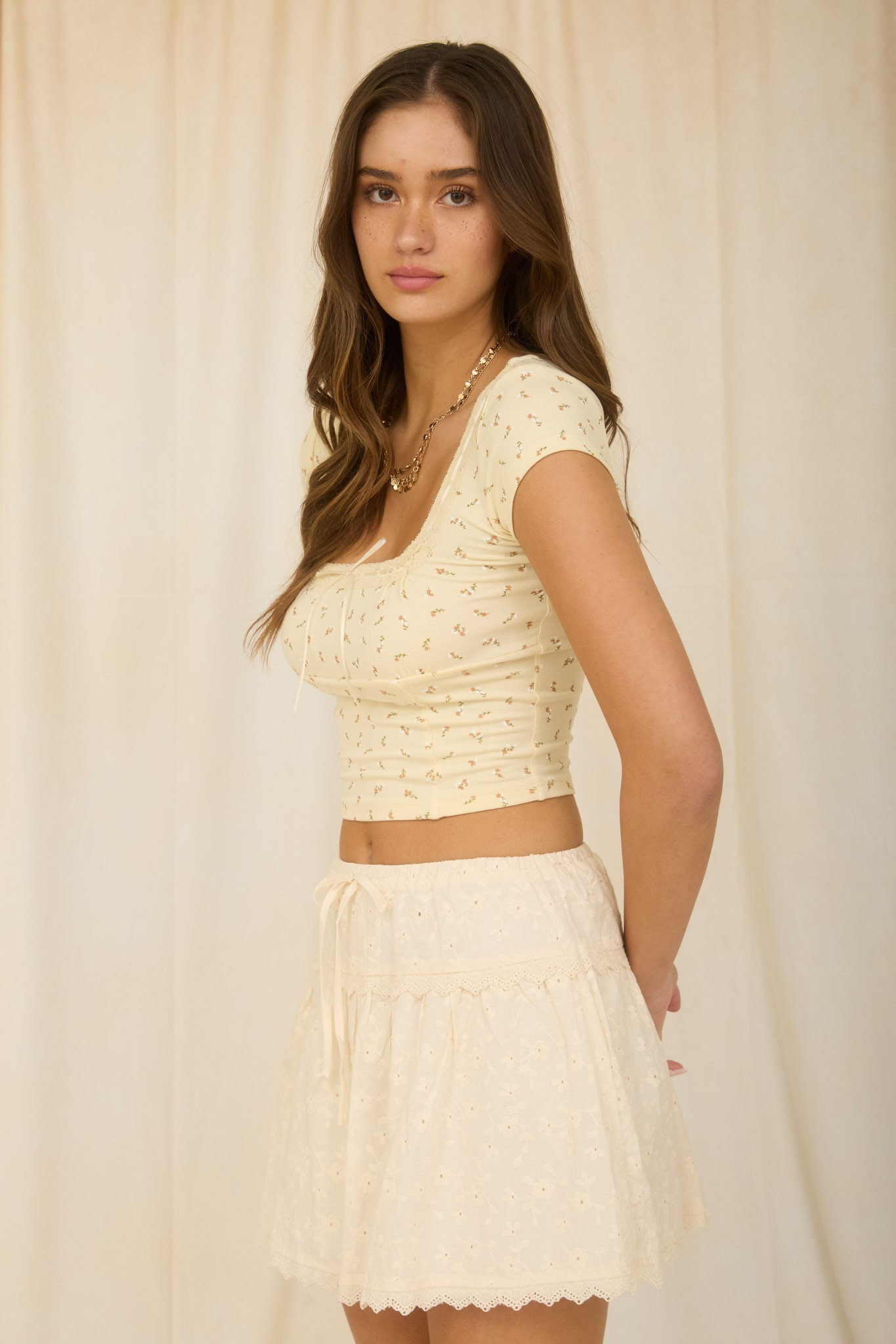 Jr Crop Top - Front Ribbon Tie Knit - Yellow - hotRAGS.com