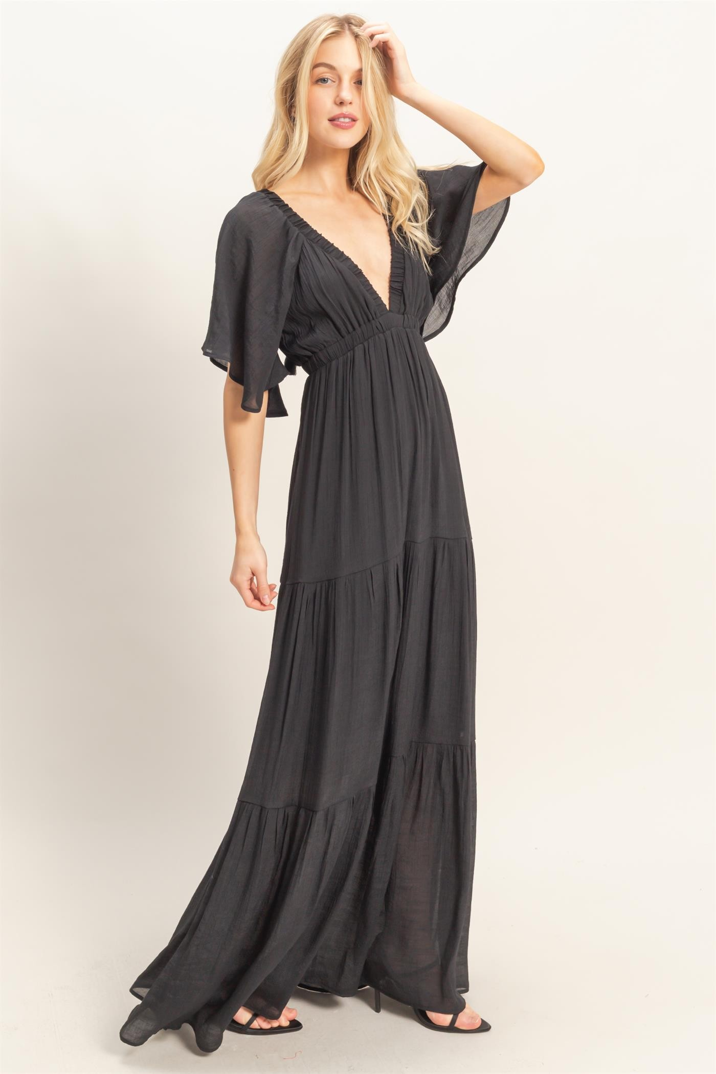 flutter sleeve maxi dress formal - - Black Tikaia Twist Halter Mini HTH2218-WHITE-ONESIZE Line Dry Choose:4pcs set