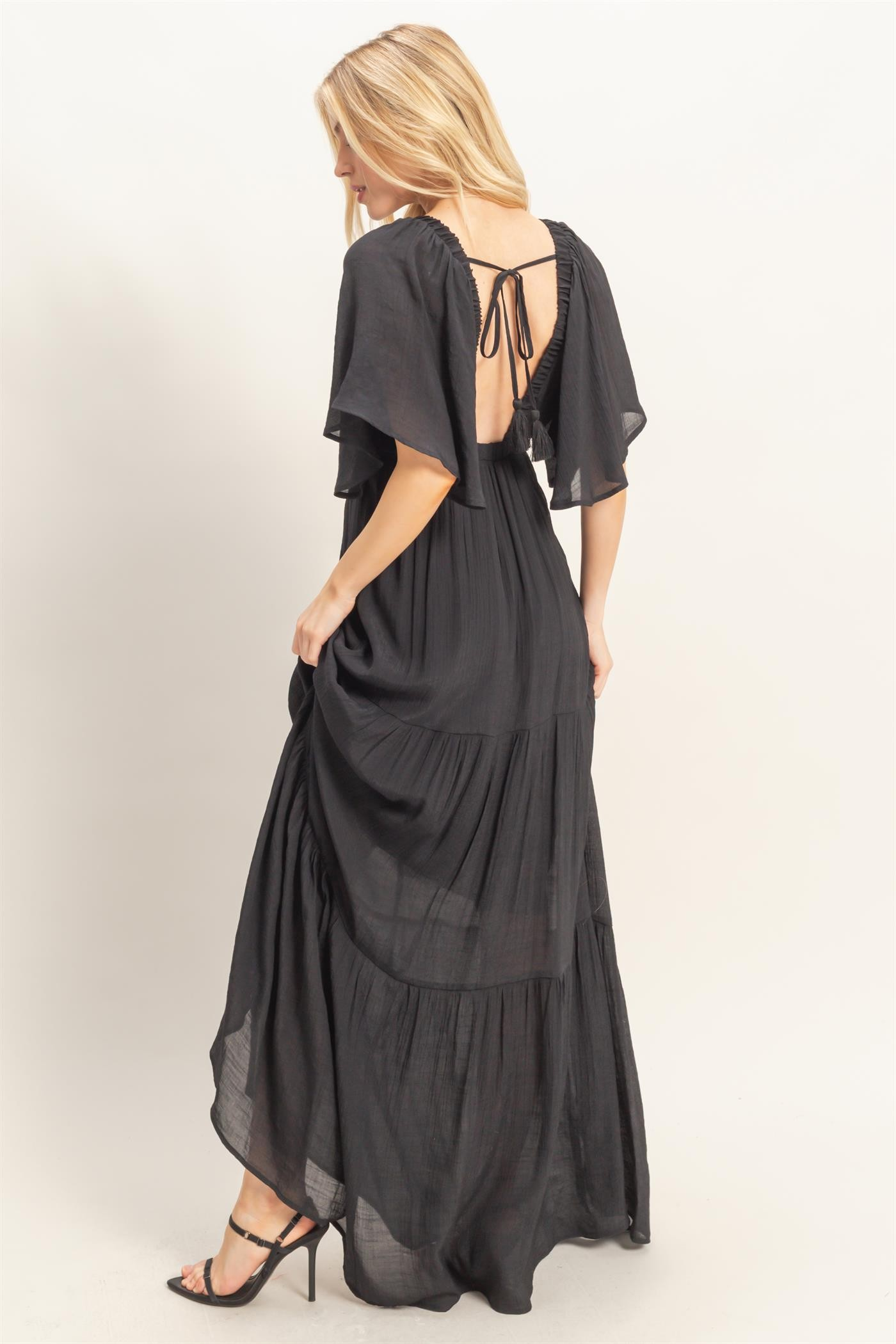 Dress - Maxi Flutter Sleeve - Black - hotRAGS.com