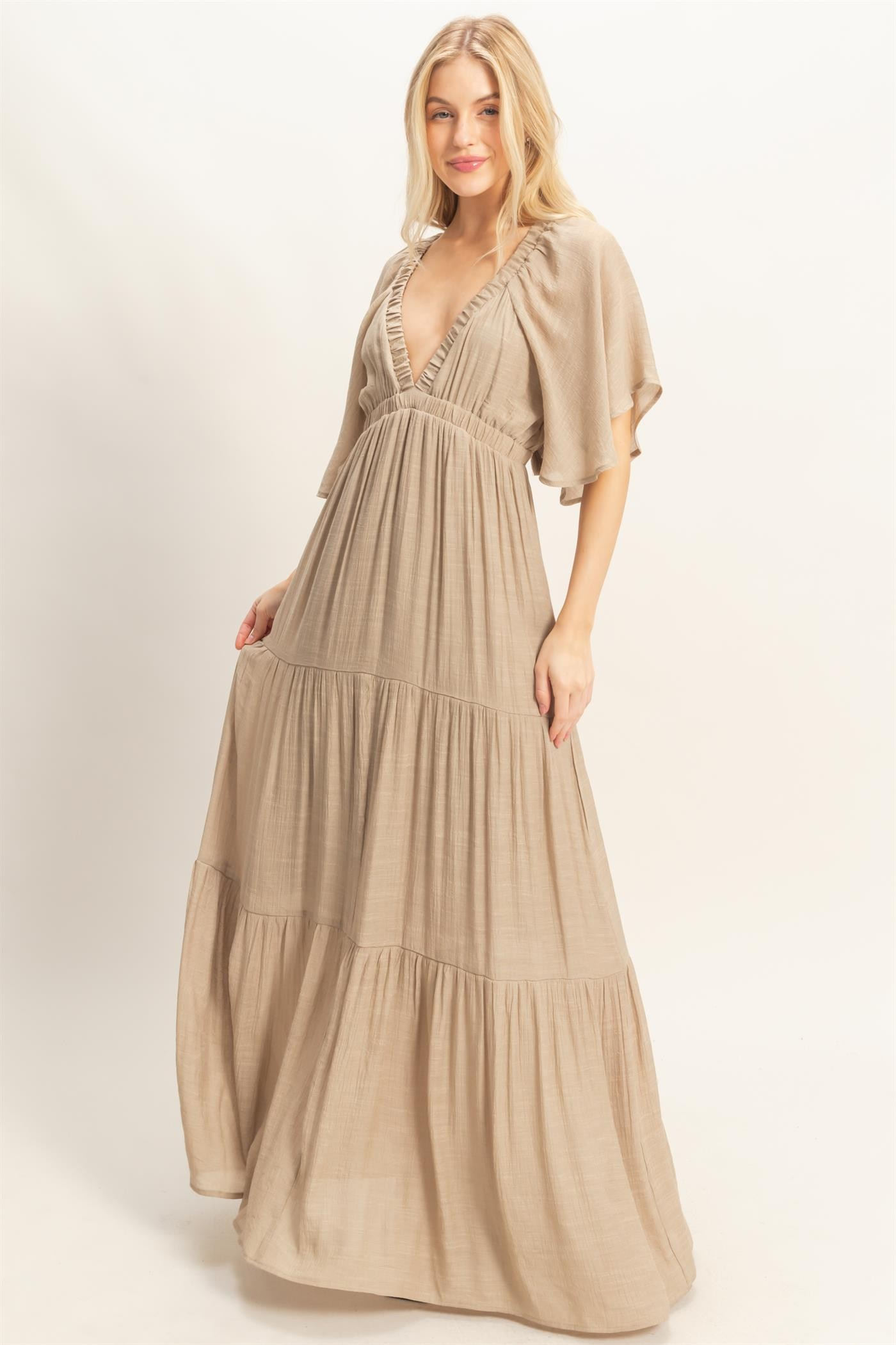 Dress - Maxi Flutter Sleeve - Taupe - hotRAGS.com