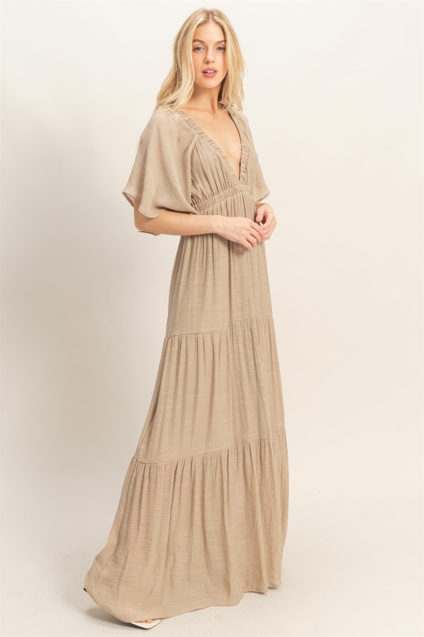 Dress - Maxi Flutter Sleeve - Taupe - hotRAGS.com