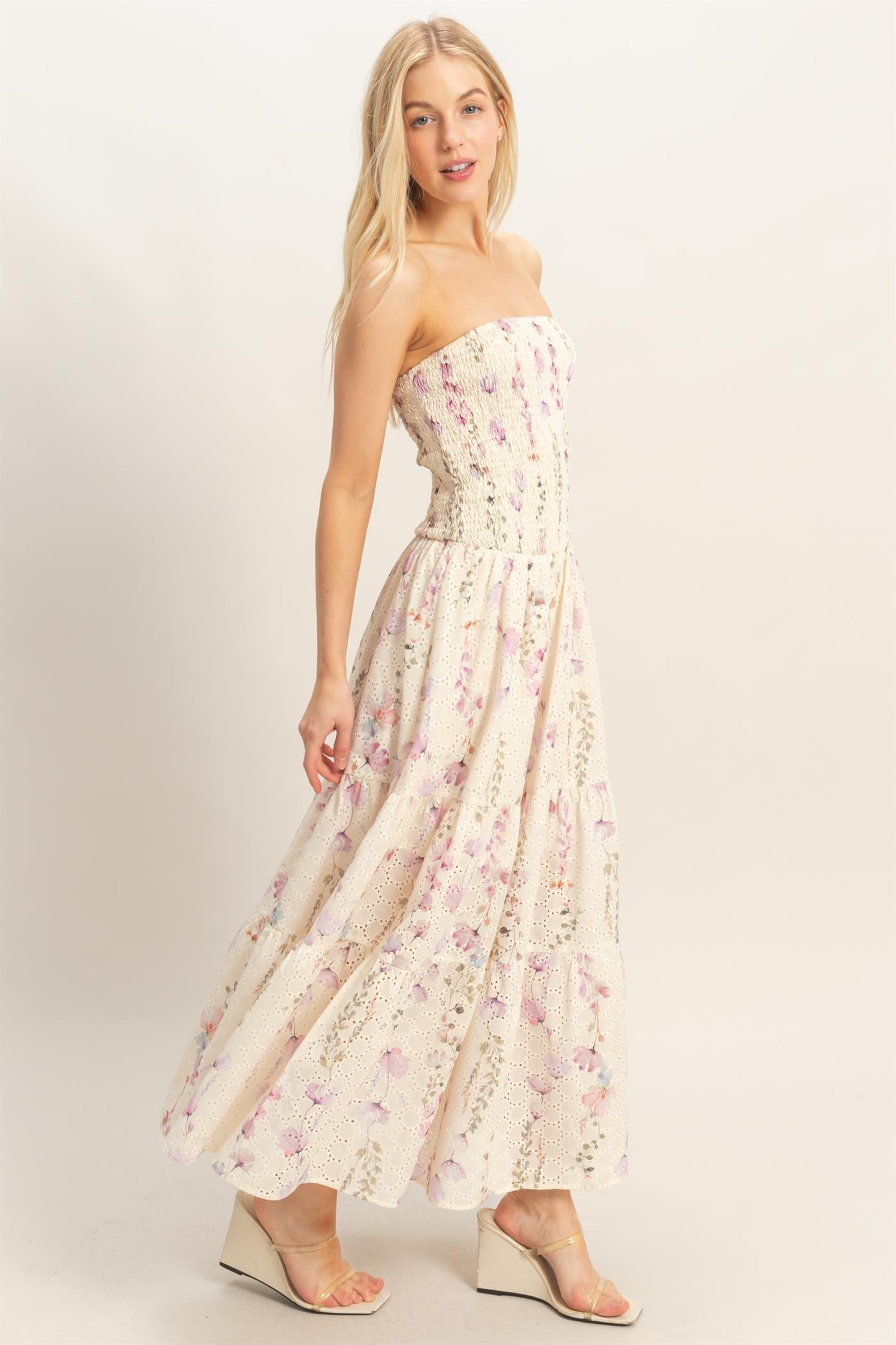 Dress - Midi Strapless Smocked - Yellow - hotRAGS.com