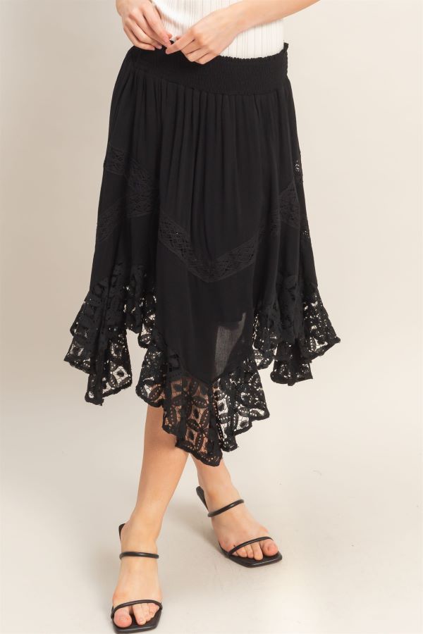 SKIRT - SMOCKED WAIST LACE HEM - Black - hotRAGS.com