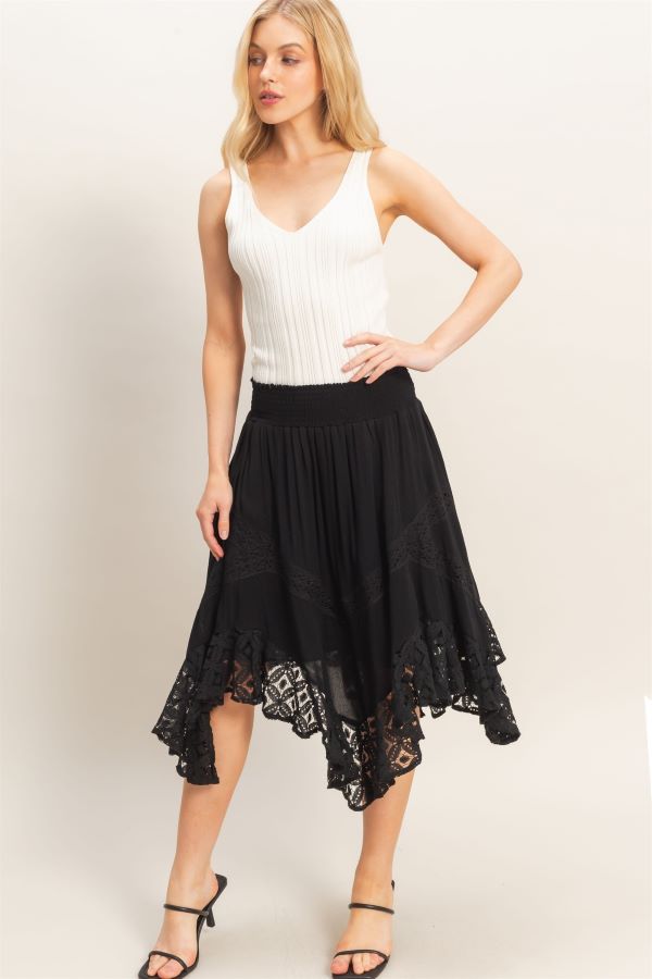 SKIRT - SMOCKED WAIST LACE HEM - Black - hotRAGS.com