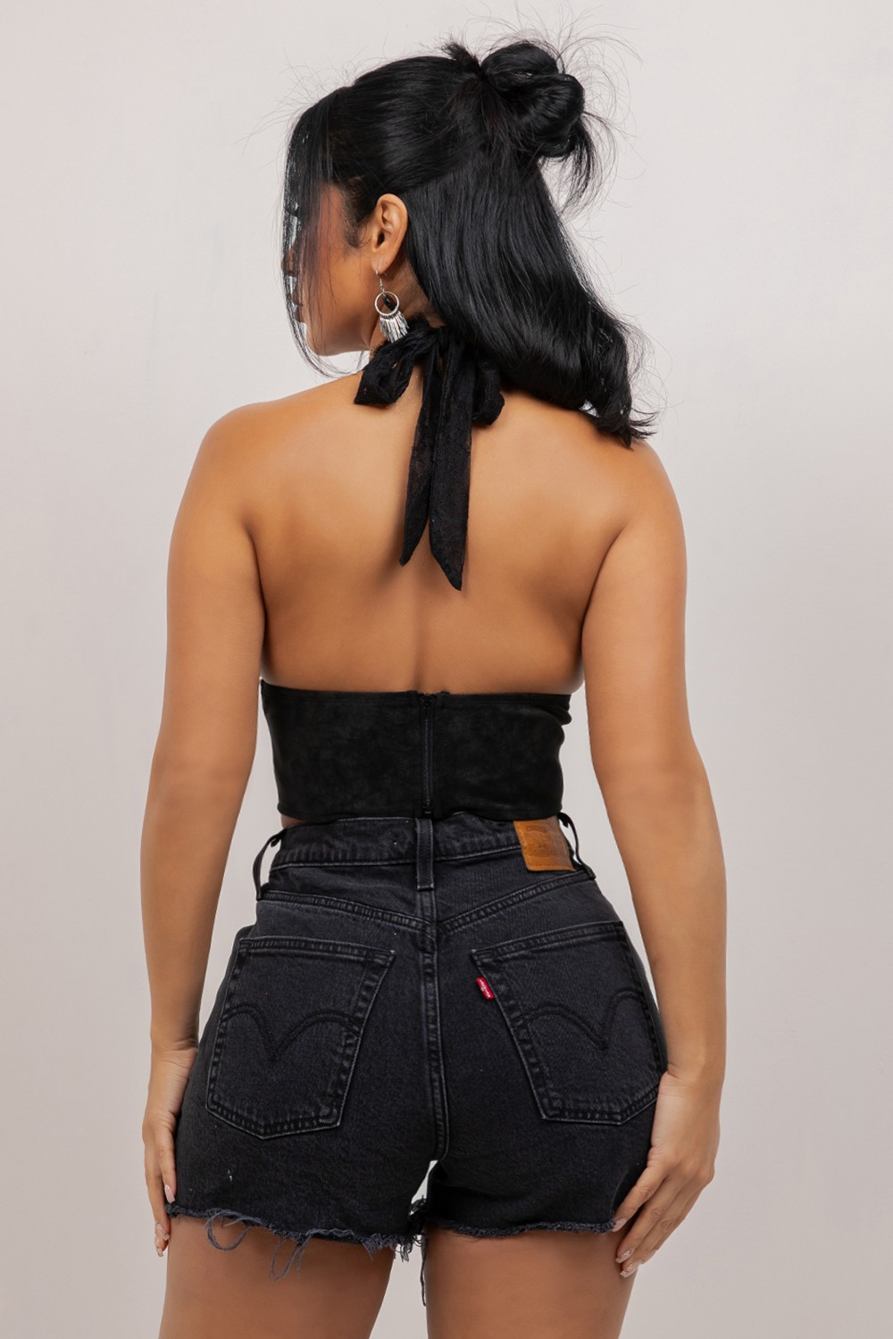 JR HALTER LACE Top - SUEDE - Black