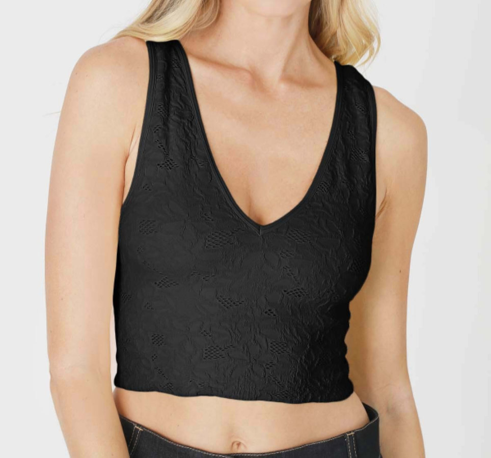 JR TANK CROP - LACE V NECK - BLACK