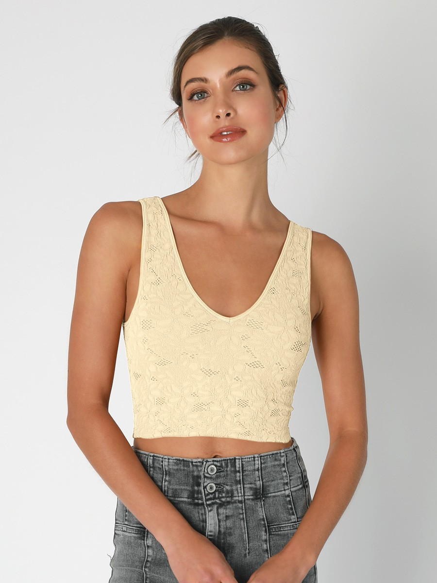 JR TANK CROP - LACE V NECK - Butter Cream