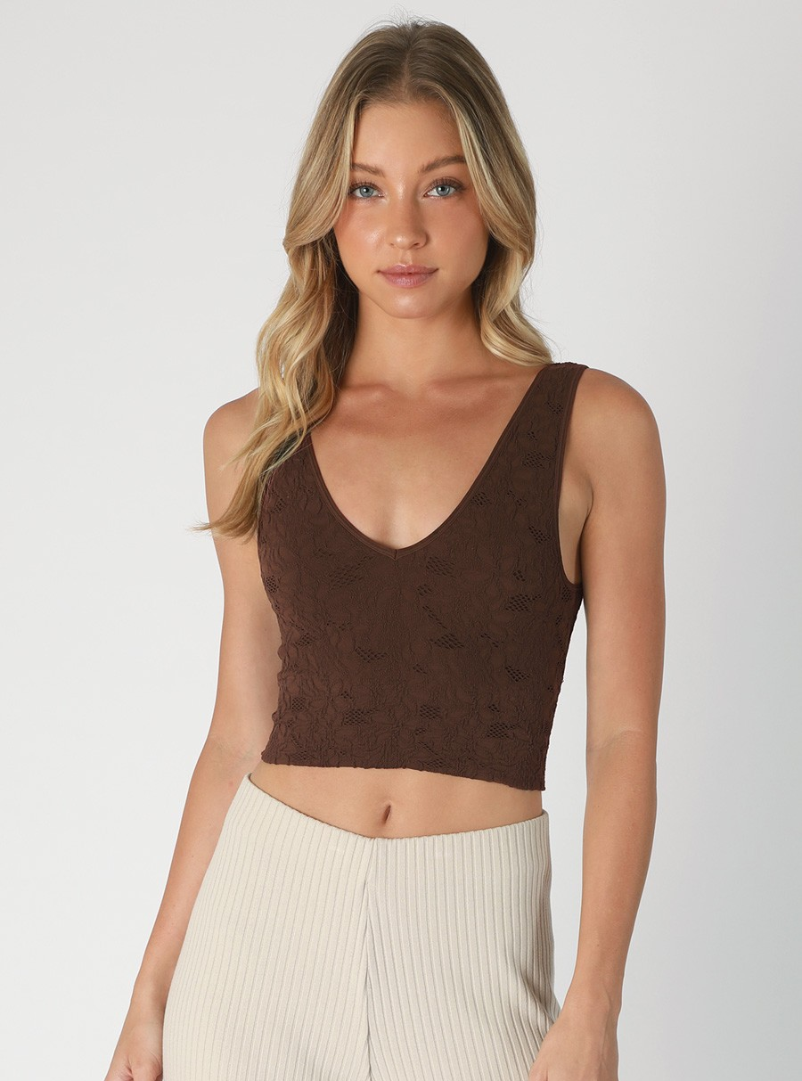 JR TANK CROP - LACE V NECK - BROWN