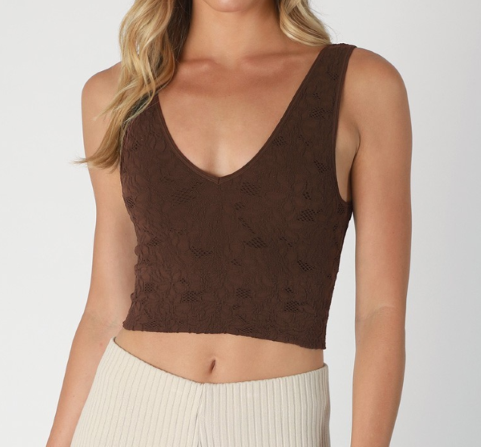 JR TANK CROP - LACE V NECK - BROWN