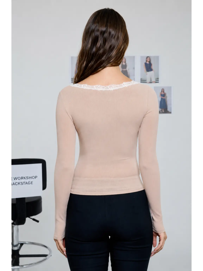 JR LONG SLEEVE Top - LACE TRIM - Light Khaki