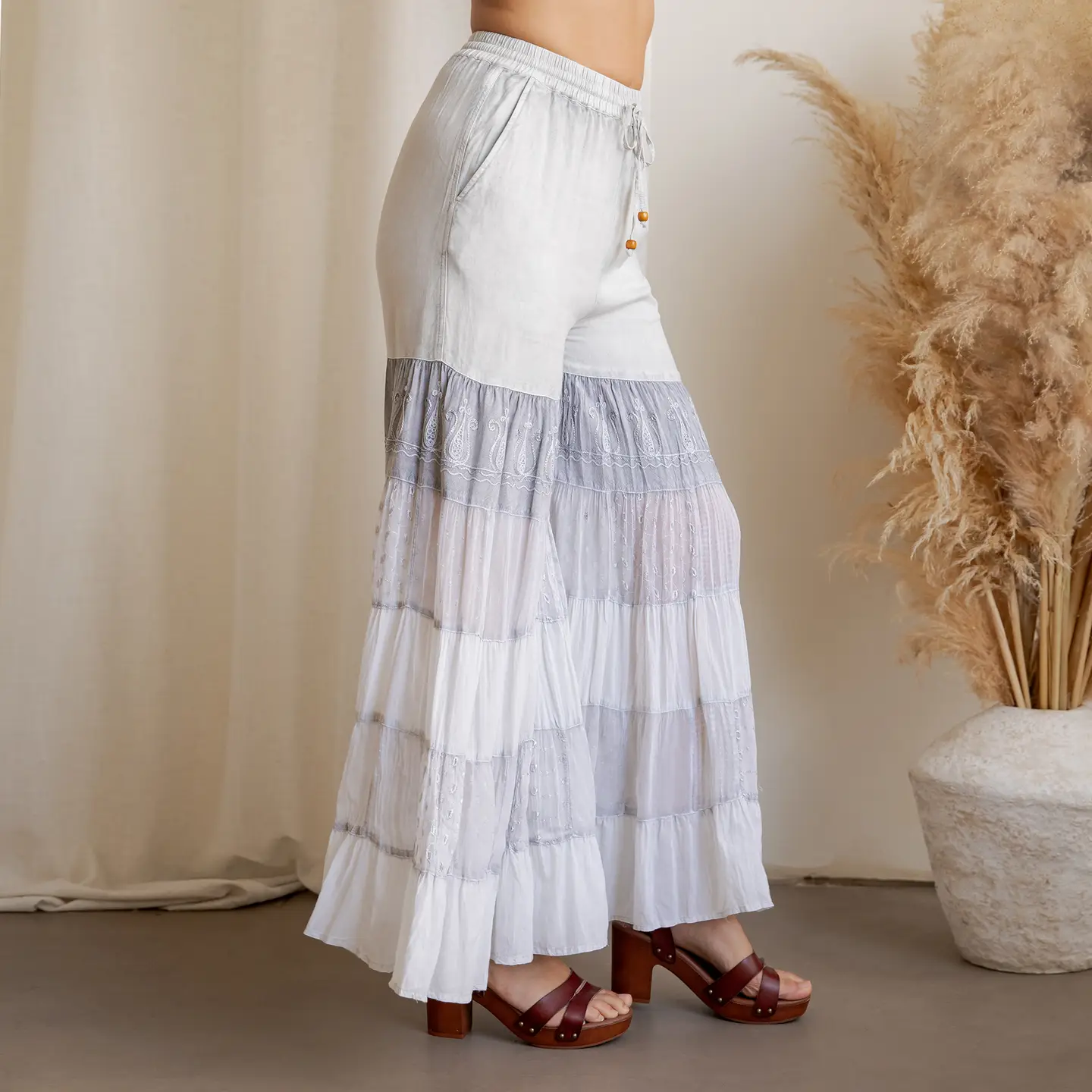 PANTS - BOHO TIERED EMB LACE - Grey