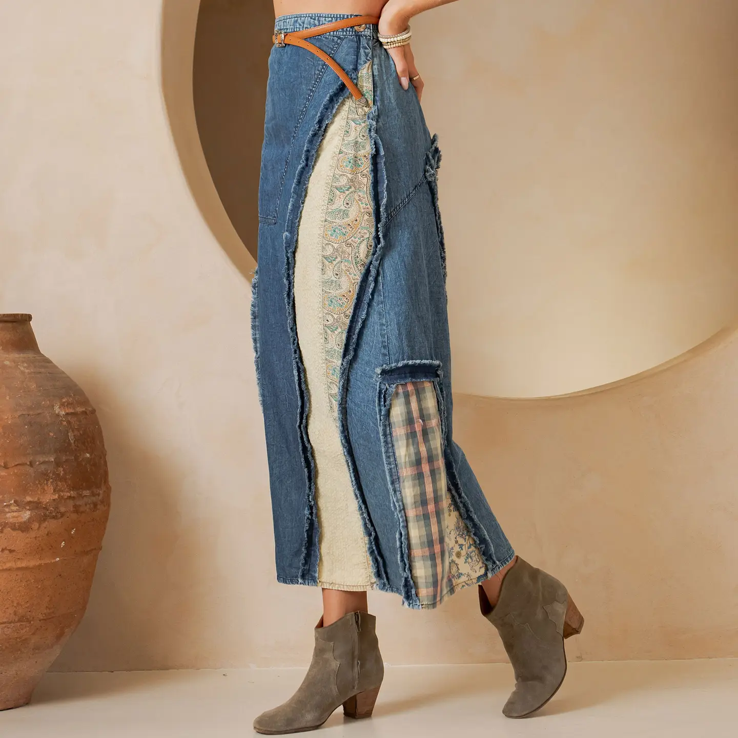 SKIRT - MAXI MIXED PANEL - DENIM